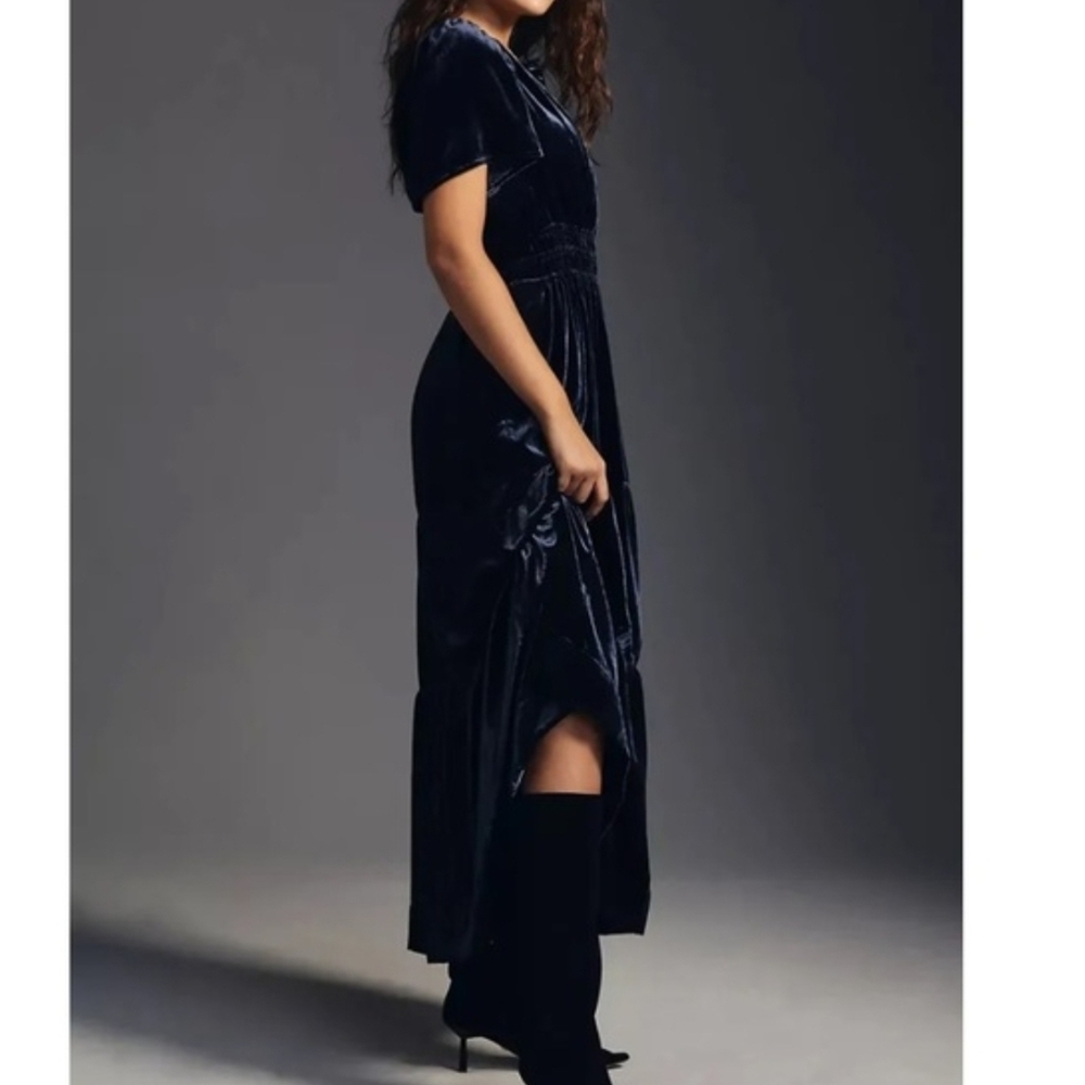 Anthropologie Velvet V-Neck Maxi Dress in Navy - Picture 4 of 7
